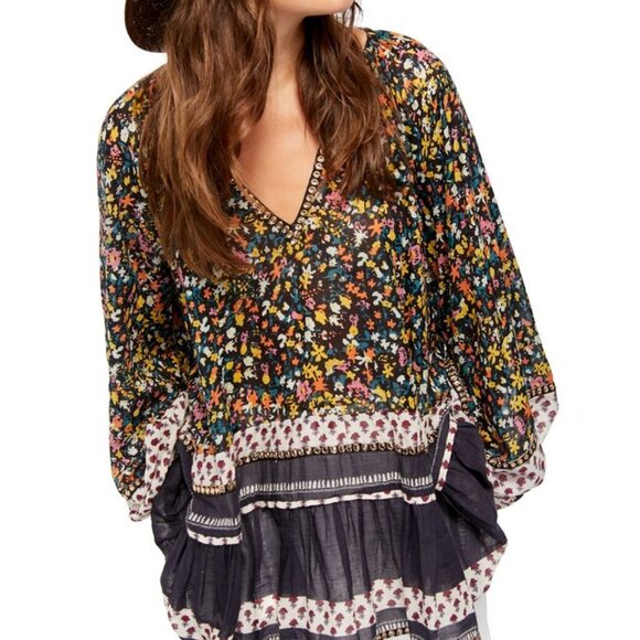 Womens Free People Gardenia Multicolor Floral Embroidered V-Neck Tunic Top XS - Picture 1 of 11